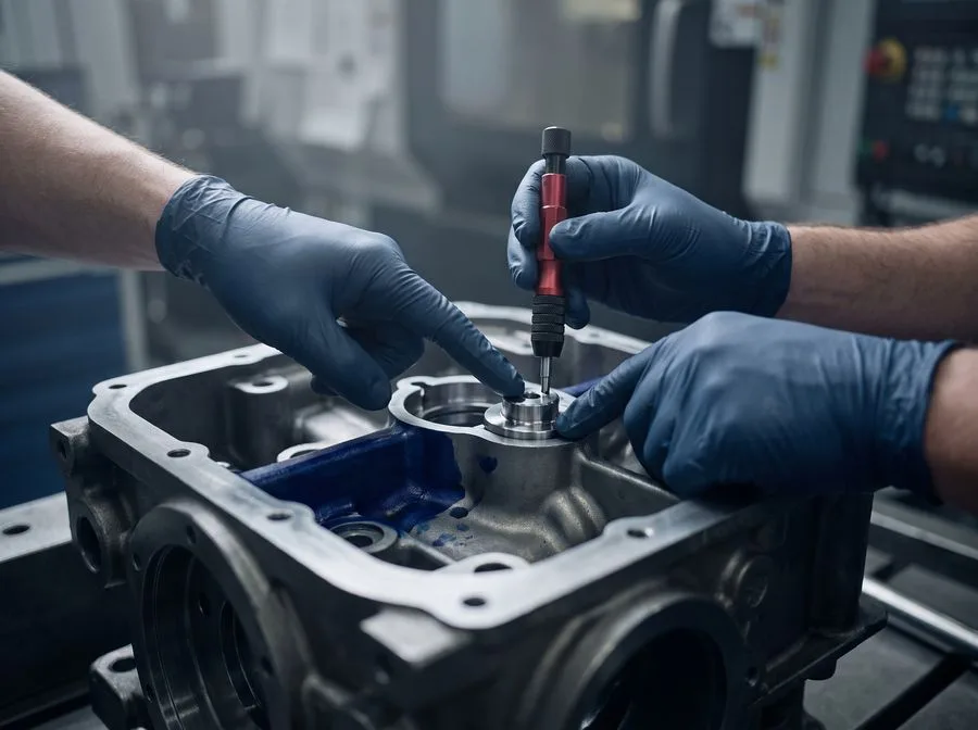 Two pairs of gloved hands working together on a machine component