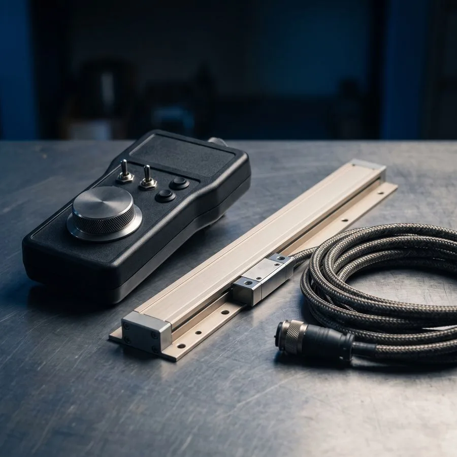 A CNC control handwheel beside a precision glass linear scale on a workbench