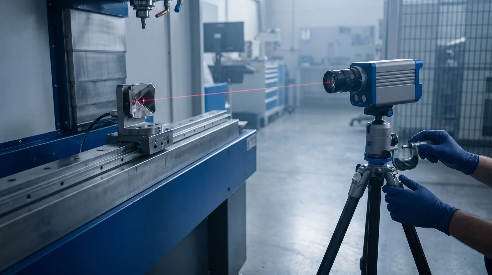 A laser interferometer aligned along a CNC machine's linear axis