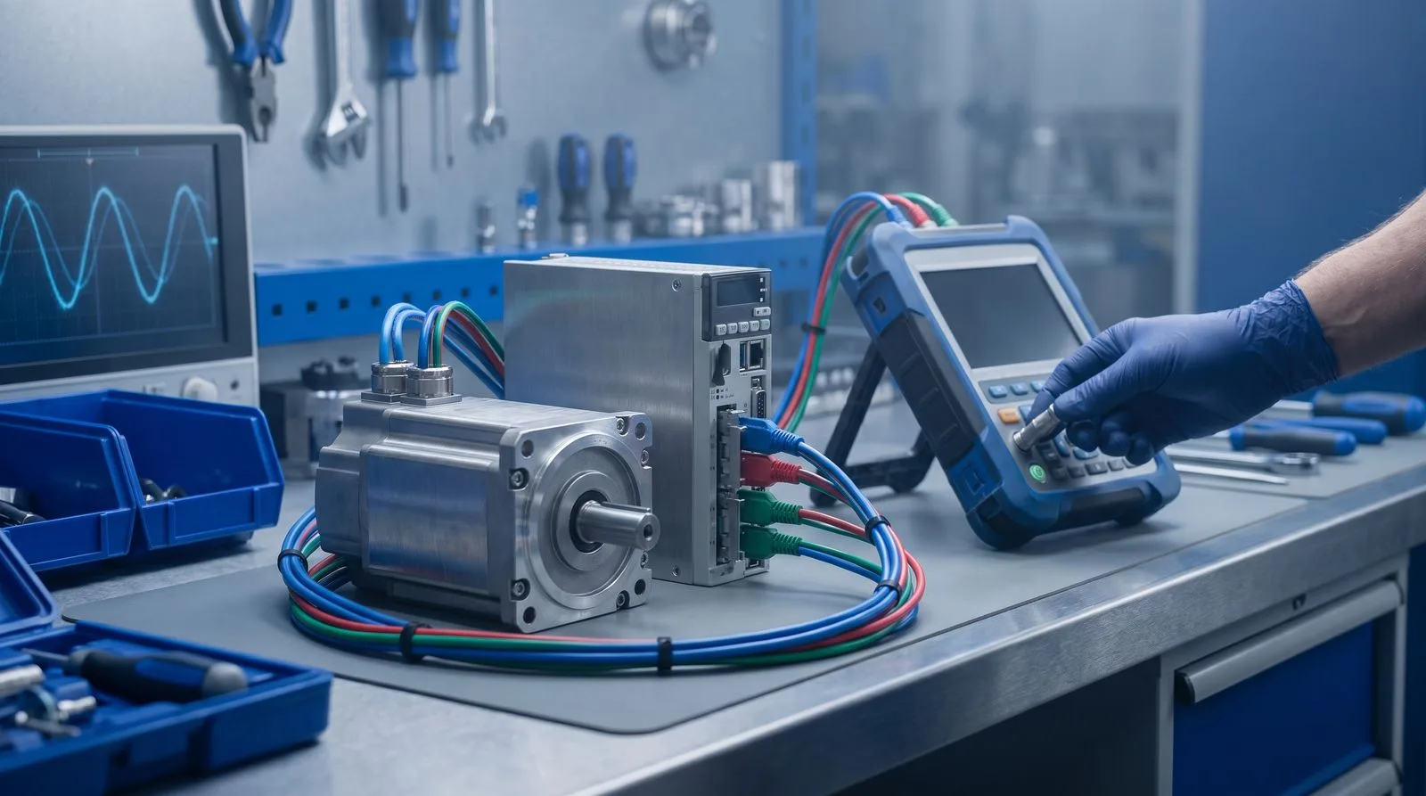 A servo motor and drive module connected to a portable diagnostic analyzer