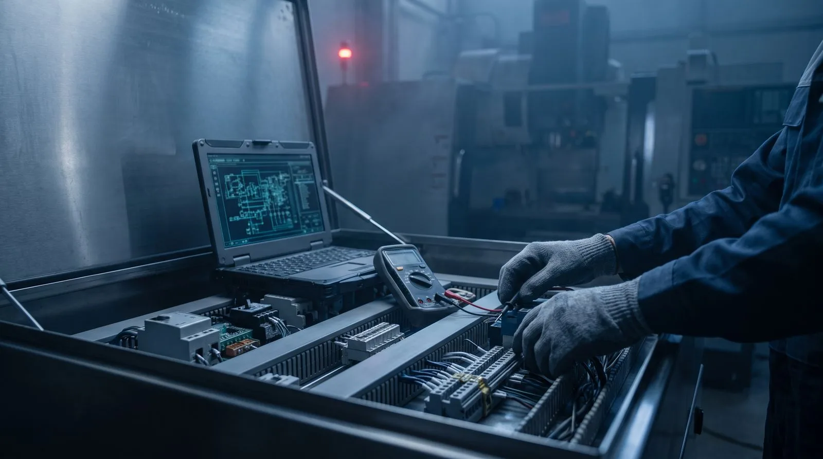 Gloved hands tracing a fault with a diagnostic laptop at an opened CNC control cabinet