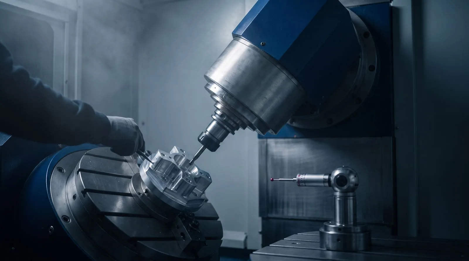 A five-axis machining centre milling a complex aluminium part