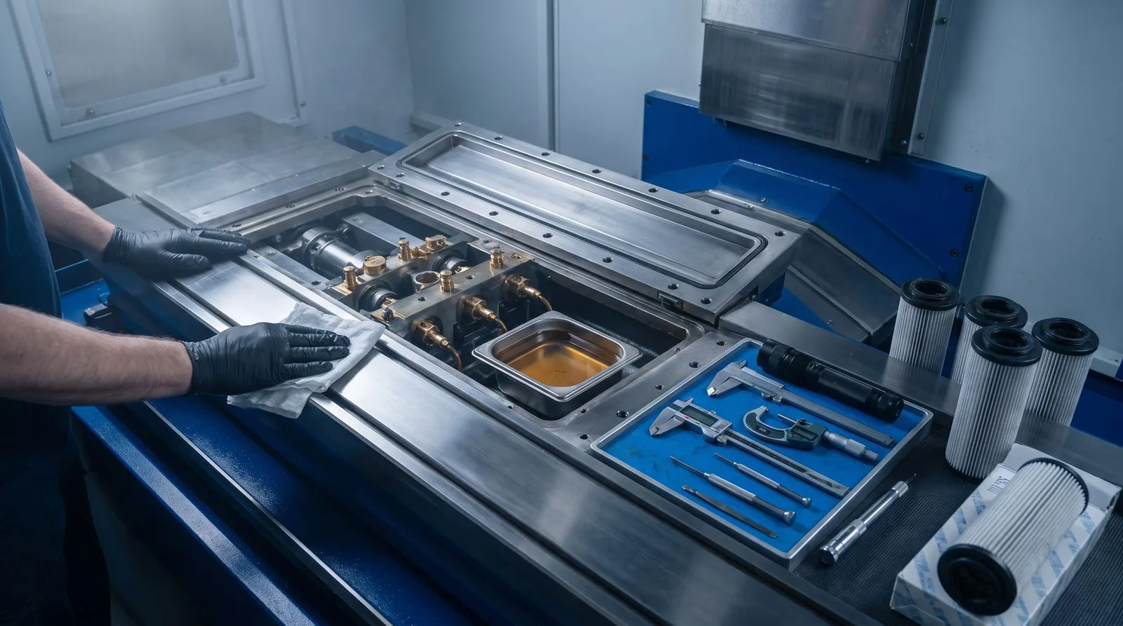 Scheduled maintenance on a CNC machine with tools and lubrication points laid out