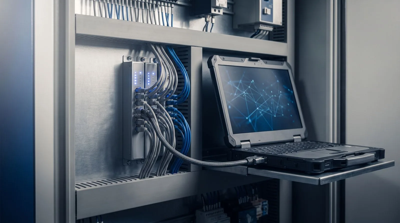 A CNC control cabinet wired for secure remote diagnostics with a laptop