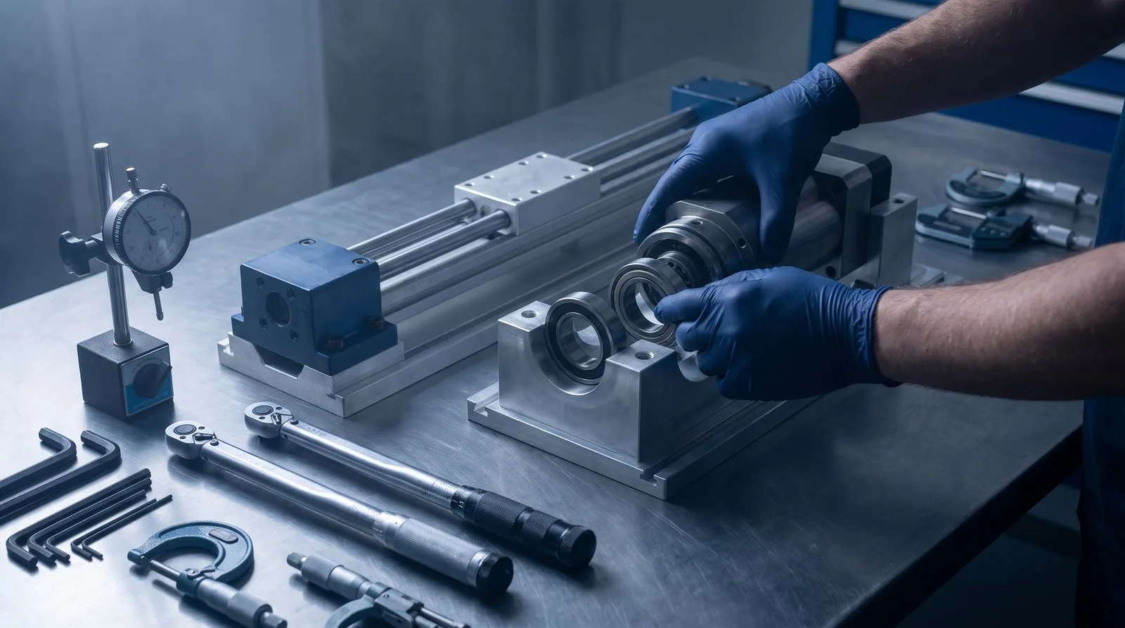 A CNC spindle and axis assembly mid-rebuild with precision tools laid out