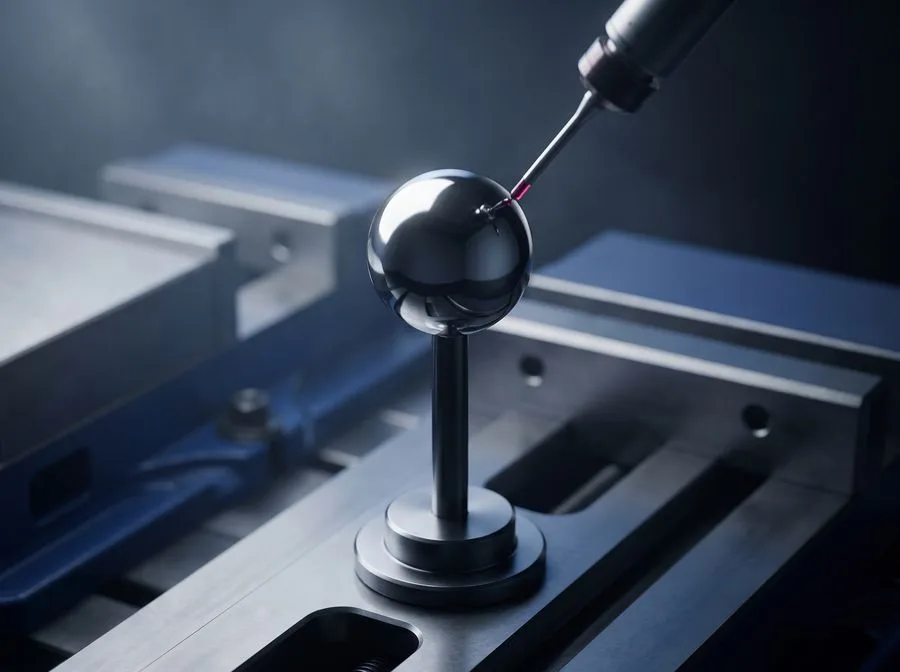 A touch probe capturing points on a precision calibration reference sphere on a five-axis table