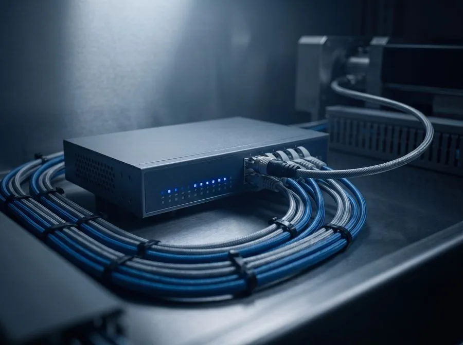 A network switch with status LEDs and patch cables inside a clean control cabinet