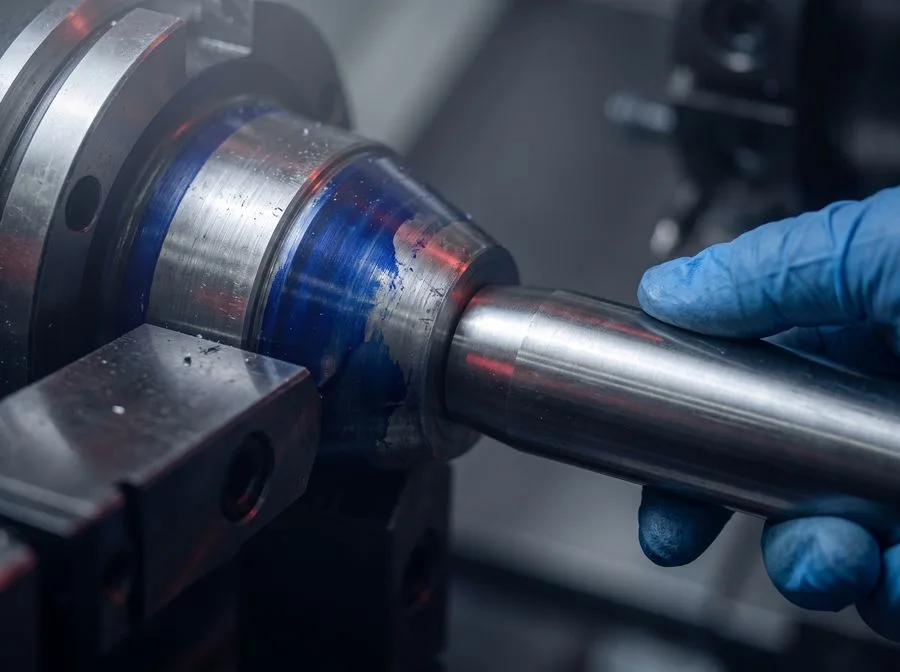 Gloved hands checking a spindle taper for damage after a machine crash