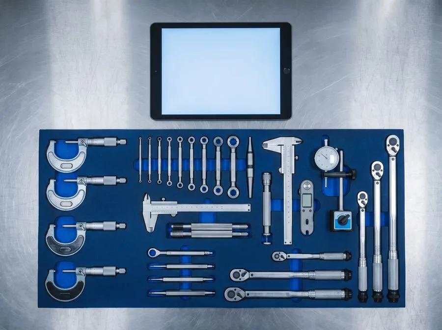 An organised maintenance kit with a tablet and precision inspection tools laid out on a bench