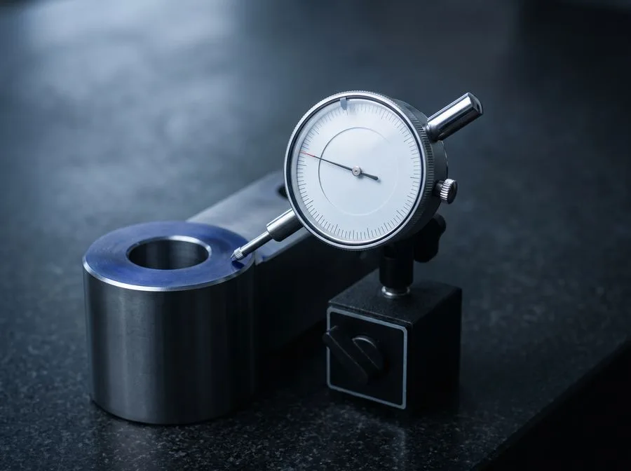 A dial test indicator measuring a machined component on a granite surface plate