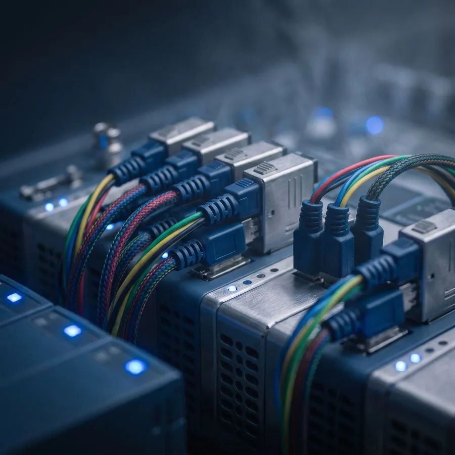 Industrial fieldbus connectors and cabling plugging into control modules with status LEDs