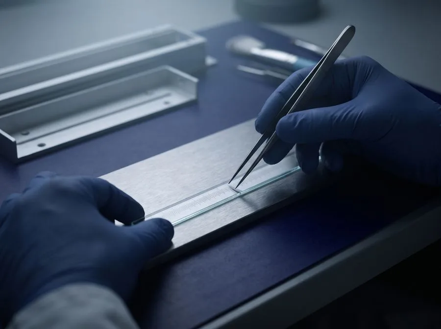 Gloved hands cleaning a precision glass linear scale on a bench under a task light