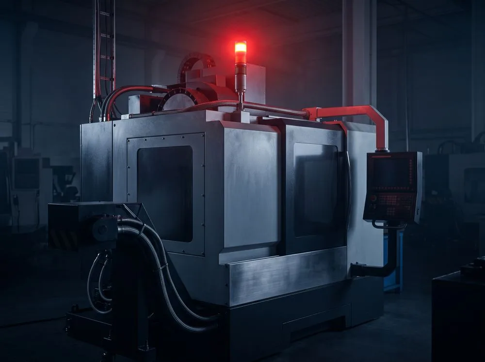 A stopped CNC machining centre with a red warning beacon glowing in a darkened shop