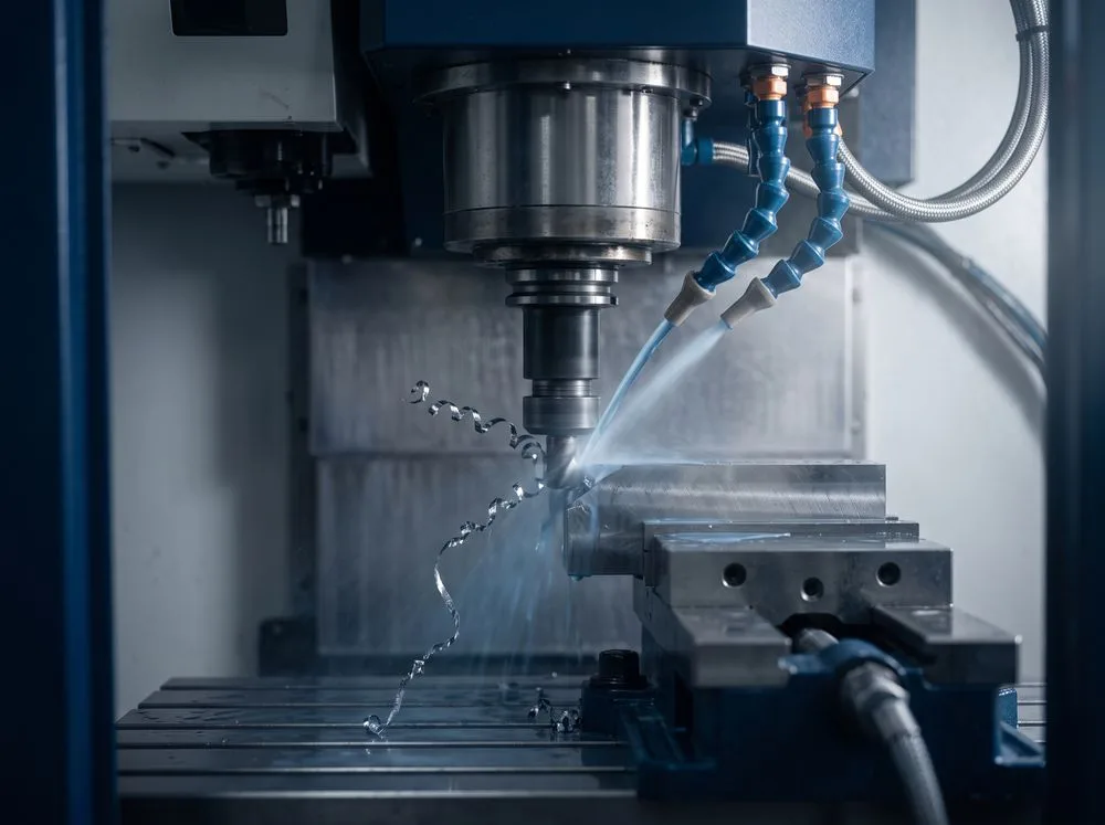 A CNC machining centre running a cut with a fine ribbon of swarf and blue coolant mist